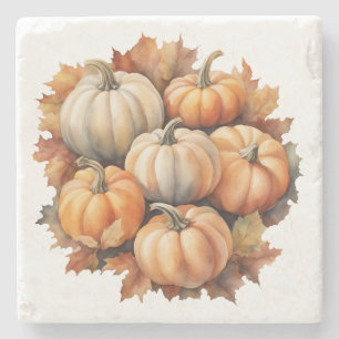 Dessous-de-verre En Pierre Aquarelle Citrouilles d'automne avec Feuille