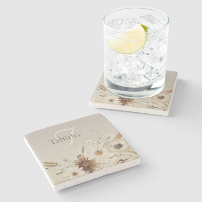 Dessous-de-verre En Pierre Aquarelle d'automne Monogramme floral (Côté)