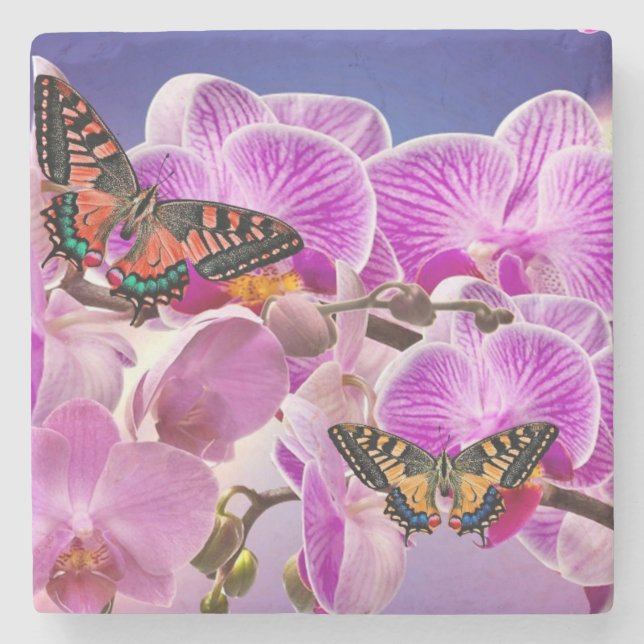 Dessous-de-verre En Pierre Aquarelle de fleur d'orchidée rose violet (Devant)