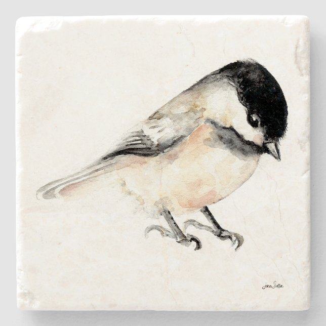 Dessous-de-verre En Pierre Aquarelle de poulet (Chickadee Watercolor Art Stone Coaster from Jenn's Emporium. )