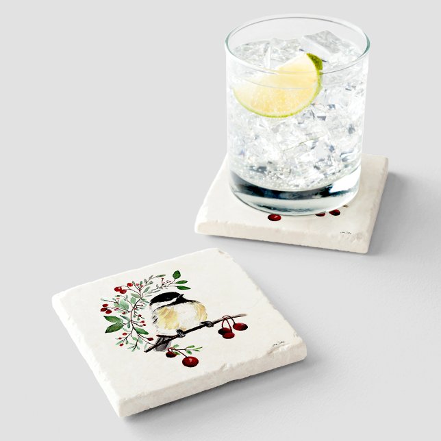 Dessous-de-verre En Pierre Aquarelle de poulet (Chickadee Watercolor Art Stone Coaster from Jenn's Emporium. )