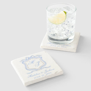 Dessous-de-verre En Pierre Aquarelle Designer Blue Monogram Crest Mariage