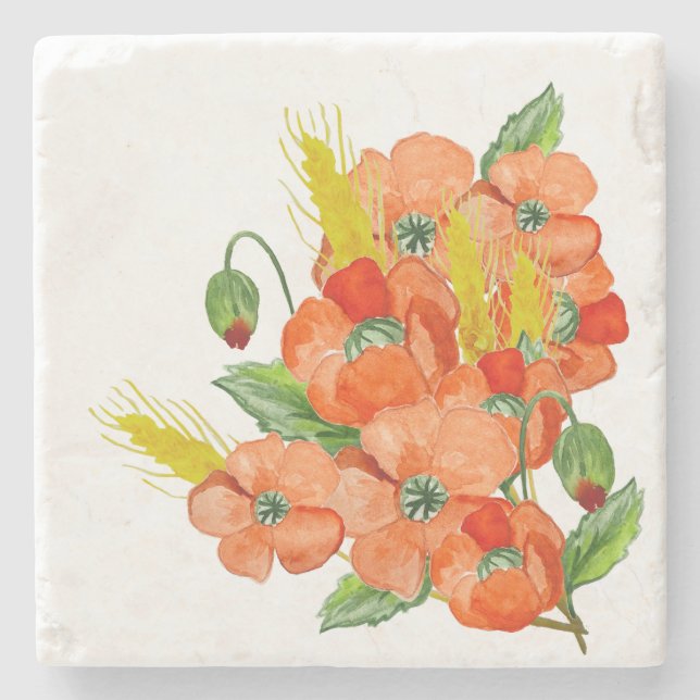 Dessous-de-verre En Pierre Aquarelle fleurs de coquelicot mignonnes (Devant)