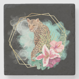 Dessous-de-verre En Pierre Aquarelle Leopard et cadre tropical 