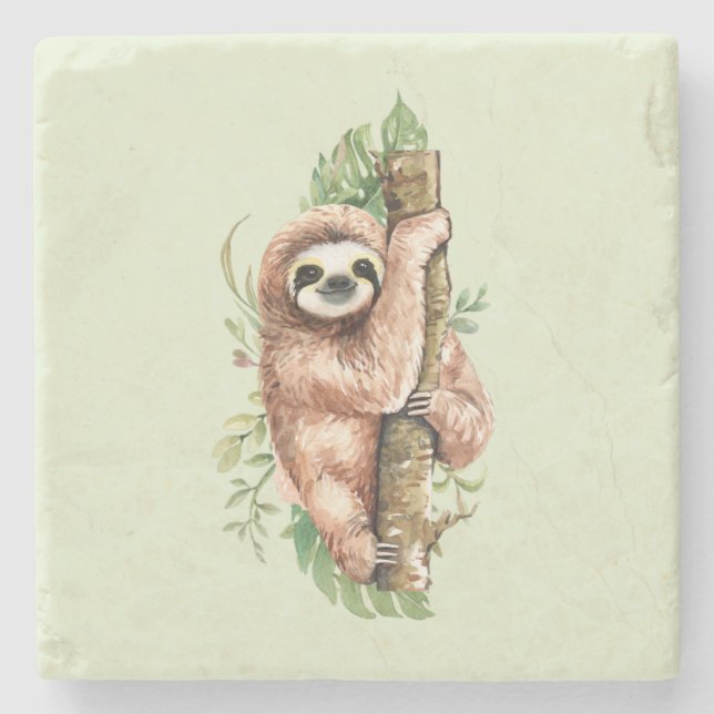 Dessous-de-verre En Pierre Aquarelle mignonne Sloth & Feuilles tropicaux (Devant)