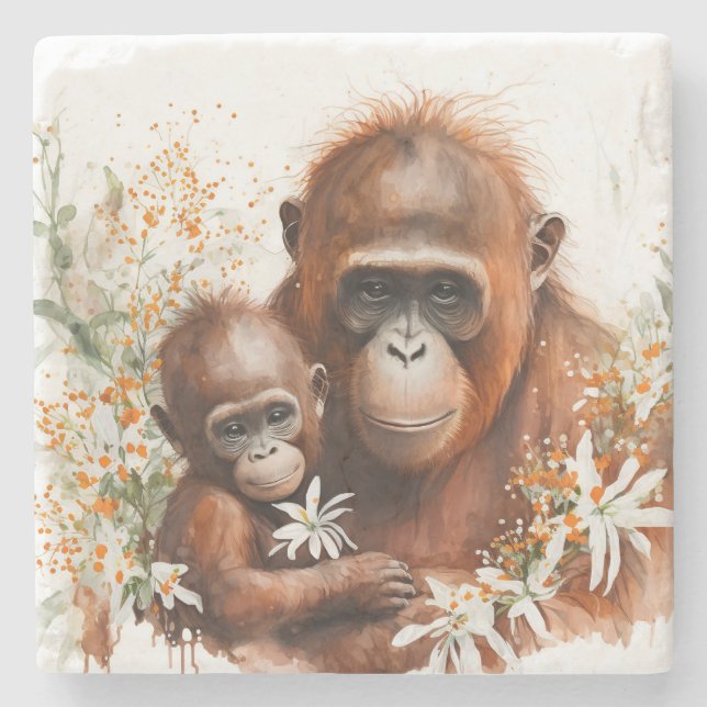 Dessous-de-verre En Pierre Aquarelle Moneky et Baby (Devant)