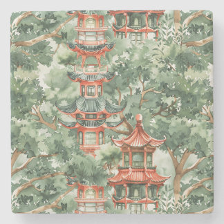 Dessous-de-verre En Pierre Aquarelle Pagode asiatique dans paysage verdoyant