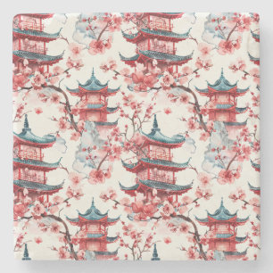 Dessous-de-verre En Pierre Aquarelle Pagode chinoise avec fleurs de cerisiers