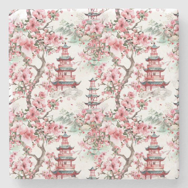 Dessous-de-verre En Pierre Aquarelle Pagode chinoise - Fleurs de cerisiers (1 (Devant)
