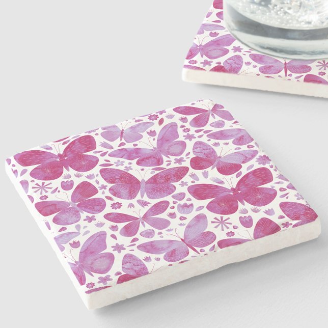 Dessous-de-verre En Pierre Aquarelle papillon Magenta Rose (Magenta hot pink watercolor butterfly pattern stone coasters)
