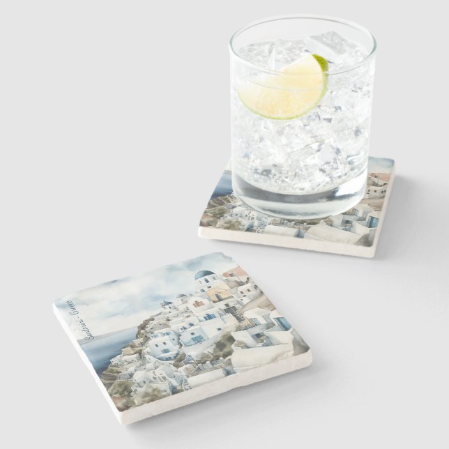 Dessous-de-verre En Pierre Aquarelle Santorin Grèce (Côté)