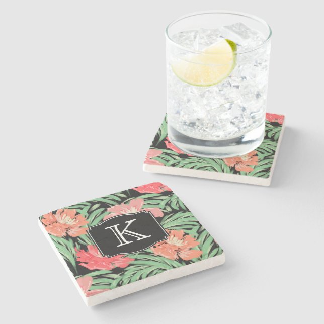 Dessous-de-verre En Pierre Aquarelle tropicale botanique avec monogramme (Côté)