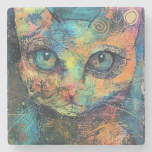 Dessous-de-verre En Pierre Aquarelle Vintage Chat Abstrait (10) Dessous de ve