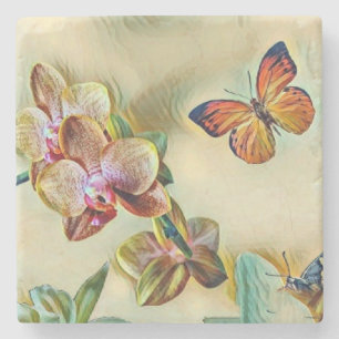 Dessous-de-verre En Pierre Aquarelle vintage Fleurs d'orchidée rose jaune