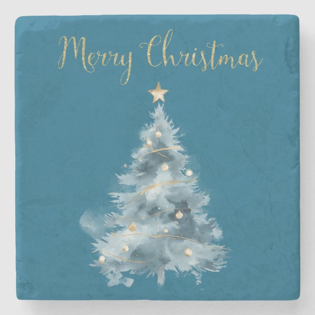 Dessous-de-verre En Pierre Arbres de Noël bleu blanc (Devant)