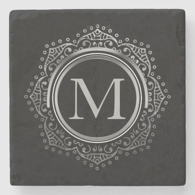 Dessous-de-verre En Pierre Argent élégant de noir d'initiale de monogramme (Devant)