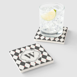 Dessous-de-verre En Pierre Arlequin noir et blanc Motif avec Monogramme
