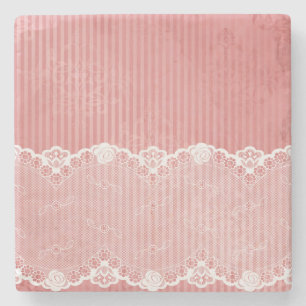 Dessous-de-verre En Pierre Arrière - plan rose et blanc avec la dentelle