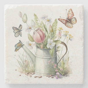 Dessous-de-verre En Pierre Arrosage avec tulipes et papillons