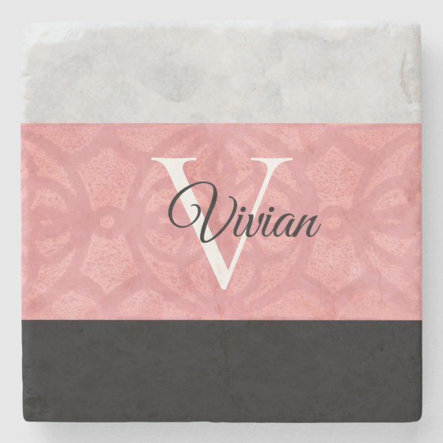 Dessous-de-verre En Pierre Batik Rose Ruddy Et Aquarelle Gris Monogramme (Devant)