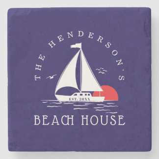 Dessous-de-verre En Pierre Beach House Nautical boat Sunset navy blue