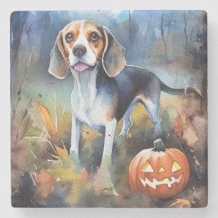 Dessous-de-verre En Pierre Beagle d'Halloween avec peur Citrouille