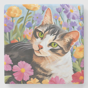 Dessous-de-verre En Pierre Beau chat avec fleurs