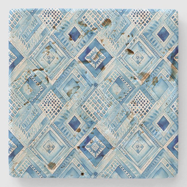 Dessous-de-verre En Pierre Bijou Carré Batik Blanc Bleu (Devant)