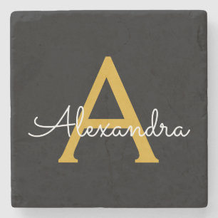 Dessous-de-verre En Pierre Black Gold Modern Script Girl Monogramme Nom