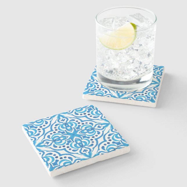 Dessous-de-verre En Pierre Bleu clair et blanc marocain (Côté)