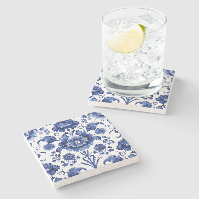 Dessous-de-verre En Pierre Bleu floral (Côté)