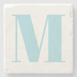 Dessous-de-verre En Pierre Bleu œuf de Robin et monogramme à pois blancs