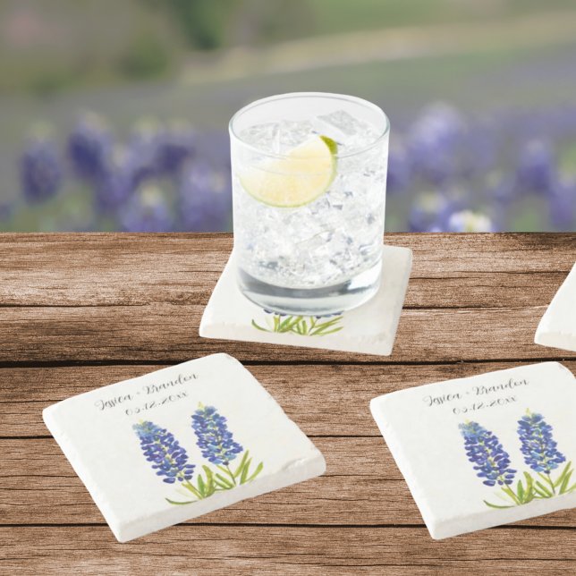 Dessous-de-verre En Pierre Bluebonnets Aquarelle Bleu Fleur Floral Mariage (Créateur téléchargé)