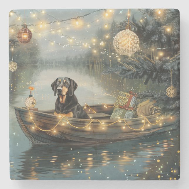 Dessous-de-verre En Pierre Bluetick Coonhound Noël Festive Voyage (Devant)