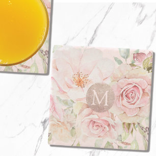 Dessous-de-verre En Pierre Blush Rose Gold Floral Aquarelle Monogrammé