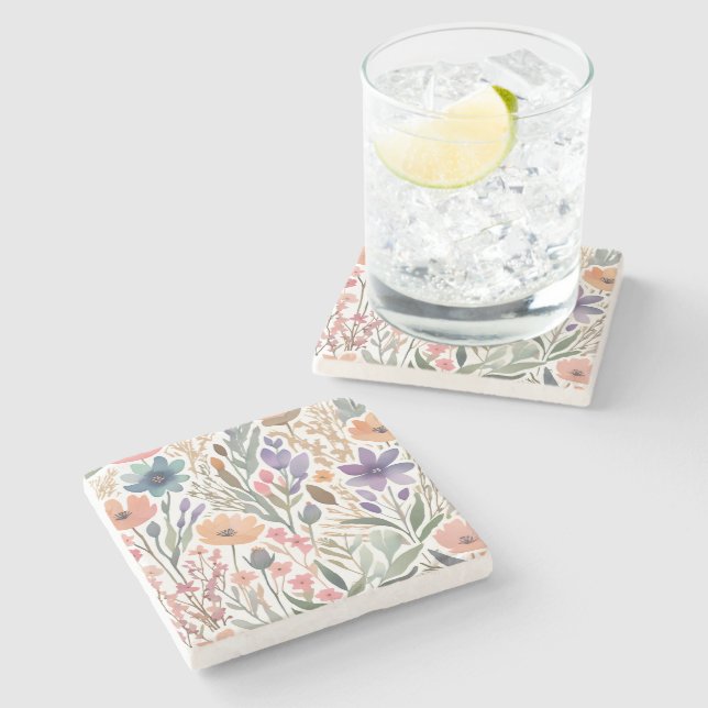 Dessous-de-verre En Pierre Boho Fleur sauvage Aquarelle Floral Pastel (Côté)