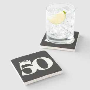Dessous-de-verre En Pierre Bonjour 50 Bold Moderne Noir et Blanc Anniversaire