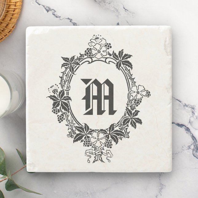 Dessous-de-verre En Pierre Bordure florale noire et blanche avec monogramme (Créateur téléchargé)