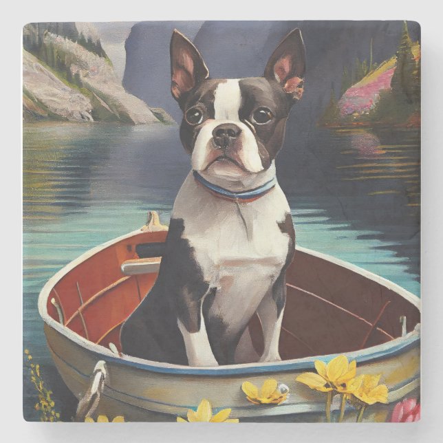 Dessous-de-verre En Pierre Boston Terrier sur une rame : une aventure Pittore (Devant)