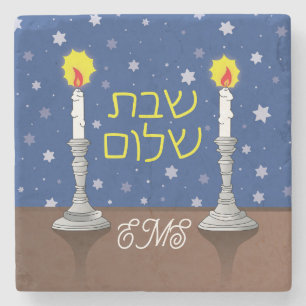 Dessous-de-verre En Pierre Bougies Shabbat Shalom avec étoiles