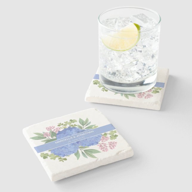 Dessous-de-verre En Pierre Bouquet moderne Blue Hydrangeas Personnalisé (Côté)