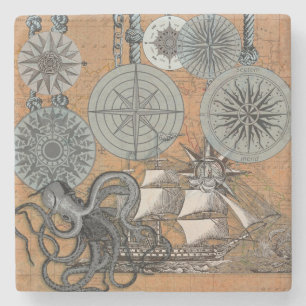 Dessous-de-verre En Pierre Boussole Rose Vintage Nautique Octopus Ship