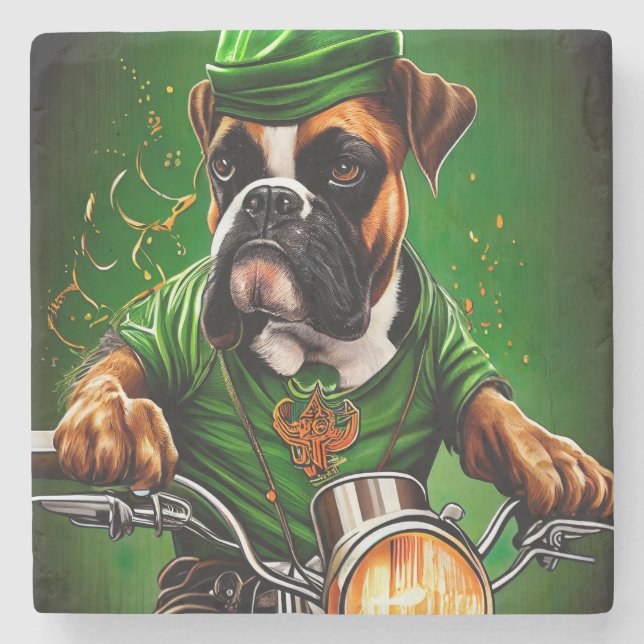 Dessous-de-verre En Pierre Boxer Chien Conduite Vélo St. Patrick's Day (Devant)