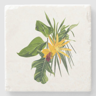 Dessous-de-verre En Pierre Branches de palmiers tropicaux, bouquet de fleurs 