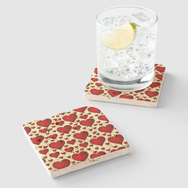 Dessous-de-verre En Pierre Bright Red Romantic Hearts Motif (Côté)