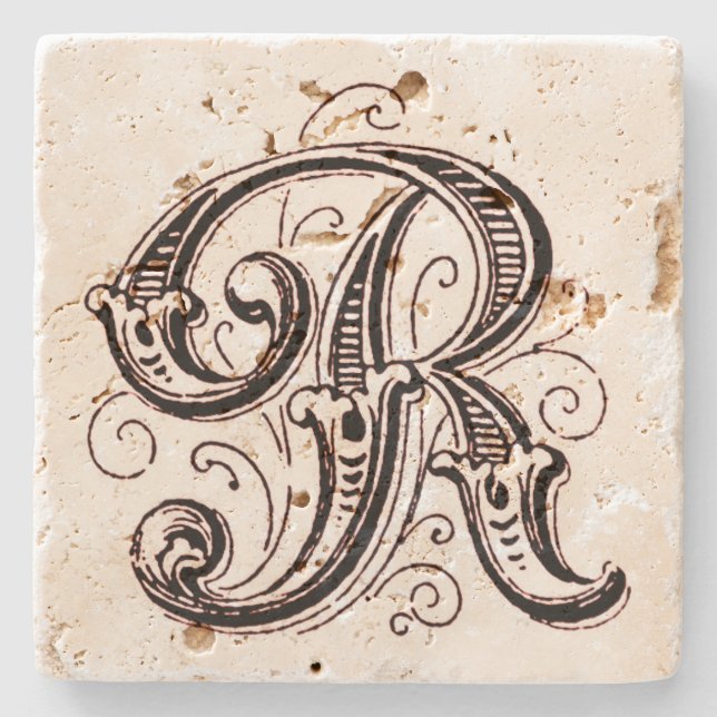 Dessous-de-verre En Pierre ` Brown fleuri R de monogramme' (Devant)