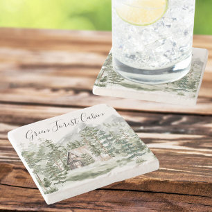 Dessous-de-verre En Pierre Cabine d'aquarelle dans la forêt de pins verts