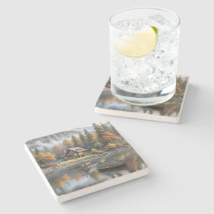 Dessous-de-verre En Pierre Cabine de grumes de montagne avec bateau à roues s