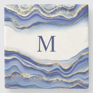 Dessous-de-verre En Pierre Cadeau de géode d'agate bleu or blanc à monogramme