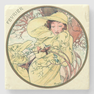 Dessous-de-verre En Pierre Calendrier Mucha Art Nouveau Février